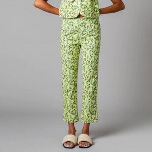 Floral Print Slim Straight Trousers in Lime Green